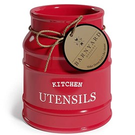 Barnyard Designs Ceramic Farmhouse Kitchen Utensil Holder for Countertop, Decorative Kitchen Utensil Holder, Large Kitchen Utensil Holder for Kitchen Counter, Utensil Crock Spatula Holder, 6.75" Red