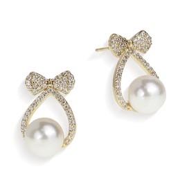 JeanBeau Gold Pearl Bow Stud Earrings for Women, Simple Rhinestone Ribbon Bowknot Sterling Silver Cartilage Studs Hypoallergenic Holiday Party Prom Statement Jewelry Gift