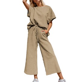 SeeLuNa Women's 2 Piece Outfits Textured Sweatsuit 3/4 Batwing Sleeve Crew Neck Pullover Top Wide Leg Pant Tracksuit Set(Khaki,M)