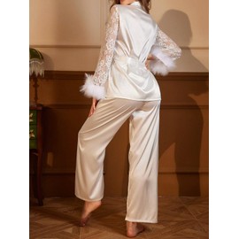 Verdusa Womens Silk Pajamas Set 2 Piece Lace Satin Pjs Ruffle Long Sleeve Belted Top and Pants White a Medium