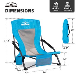 Tisetrail Low Profile Beach Chairs Set of 4 with Cup Holder Folding Mesh Sand Chairs for Adults Portable Lightweight Lowback Sling Chairs for Beach Camping Concert Travel Support 300lbs, Blue