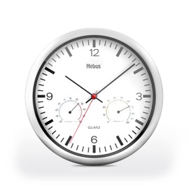 Mebus Quartz Wall Clock with Thermometer and Hygrometer Silver Frame White Dial 25 cm Diameter Round Model: 56730 Colour: Silver, White
