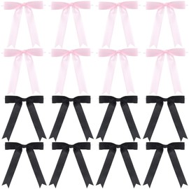Joez Wonderful 16 Pcs Twist Tie Bows, Pastel Satin Ribbon, Bowknot Decoration for Crafts, Satin Bows for Gift Wrapping, Christmas, Birthday, Party, Wedding (Black, Pink)