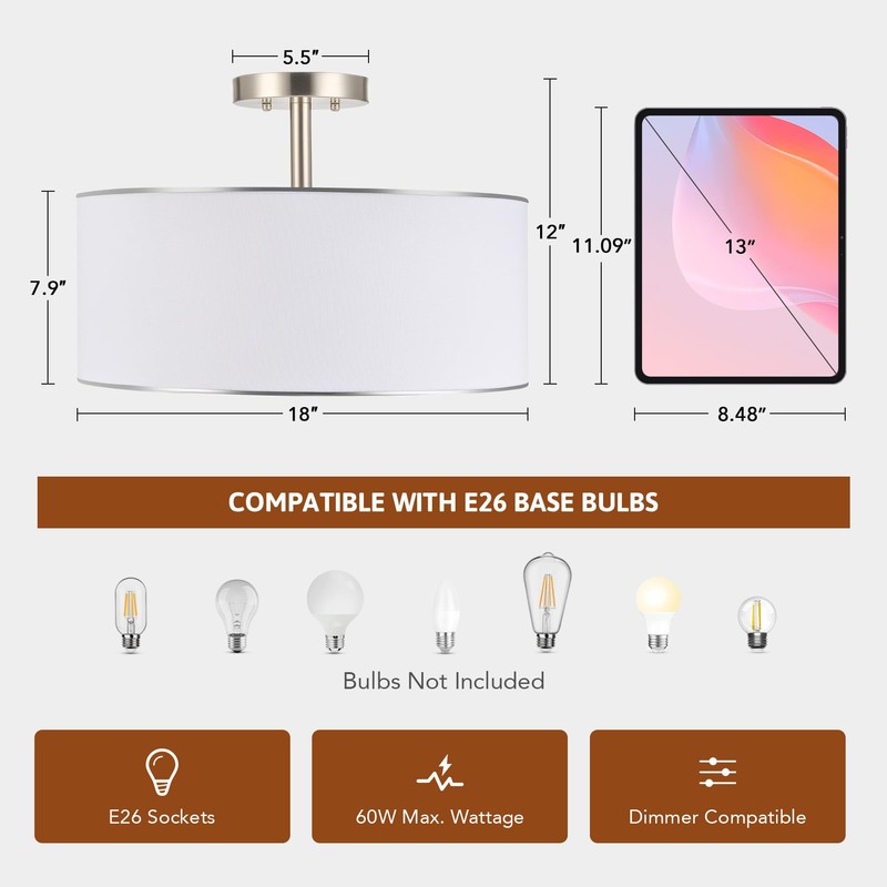 VONLUCE Semi Flush Mount Ceiling Light, 18" Drum Light Fixture