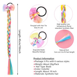 6 Pcs Girls Braid Ponytail Extensions Hairpieces, Colored Braid Hair Extensions Hair Pieces for Kids Little Girls