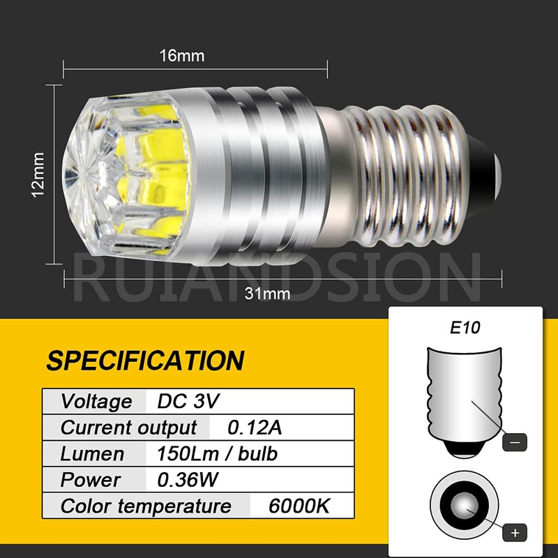 Ruiandsion 2pcs 2W COB 3V E10 Base LED Upgrade Bulb