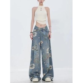 Unisex Flower Print Baggy Jeans Vintage Cowboy Harajuku Wide Leg Trashy Grunge Y2k Hip Hop Loose Fit Streetwear (Medium,Denim)