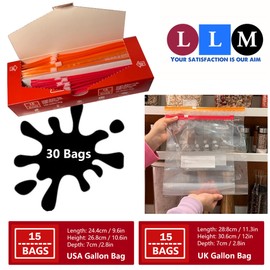 Gallon Premium Food Storage Freezer Bags By LLM, Large Slider Ziplock Bags, Heavy-Duty Plastic, Stand and Fill Expandable Bottom, BPA FREE (ONE UK GALLON BAGS + ONE USA GALLON BAGS) - 30 BAGS