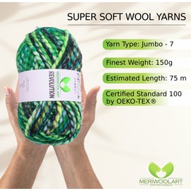 MeriWoolArt Merino Wolle zum Stricken – 75 m Mehrfarbige Dicke Weiche Merinowolle zum Stricken für Pullover Jacken – XXL Handstrickwolle – Voluminöse DIY Wolle für Schals Decken Tücher Geschenke