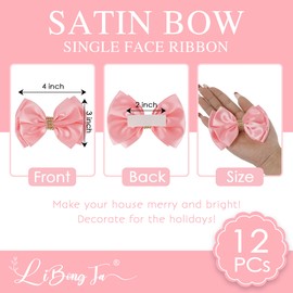 LiBongTa Pink Ribbon Bow 4'' Premade Pink Satin Bow, Gift Bows with Rhinestone, Wrapping Bows for Presents, Greeting Cards, Treat Bags, Wine Bottles, Pink Christmas Bows for Gift Wrapping-12 Counts