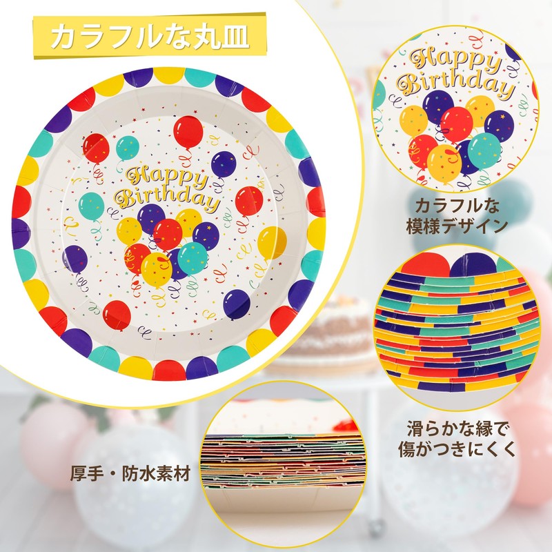 ハッピーバースデー紙皿 20枚 7インチ デザートプレート 使い捨て カラフル パーティー用品 バースデーパーティーの飾り付け テーブルデコレーション 男の子と女の子向け