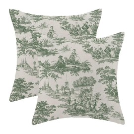 Jecuwo Toile Pillow Covers 18x18 Inch Set of 2, French Style Outdoor Decorative Throw Pillowcase Vintage Green Toile De Jouy Cushion Cover for Sofa Couch Farmhouse Living Room Bed Decor