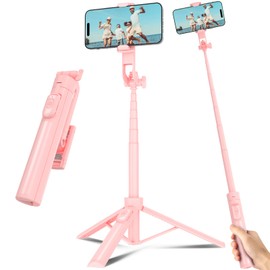 Selfie Stick Travel Tripod for Cell Phone with Remote Control and Phone Holder, Extendable Selfie Stick for iPhone, iPhone Tripod for Video Recording, Cell Phone Tripod Stand, 50 Inch, Pink