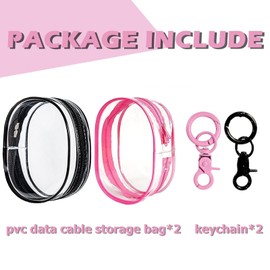 Foweroty PVC Storage Bag for Organizing Data Cables, Chargers, Earphone, Earbud, Keys, Change, Camera Chips, Portable Transparent Storage Pouch, Multi-Functional Storage Box (2 pcs Black + Pink)