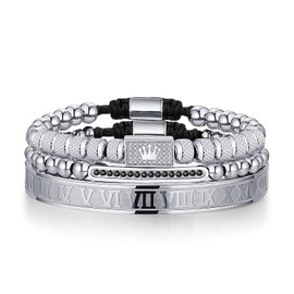 WFYOU Imperial Crown Bracelets for Men 18kt Gold Bracelet Cubic Zirconia Beads Bracelets Cross Bracelets Charm Men Luxury Gift (F:Silver)