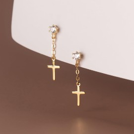 Cross 14k Gold 925 Sterling Silver Earrings, Cubic Zirconia stud with a Gold Chain Hanging attached to a Beautiful Gold Cross | Petite and Beautiful