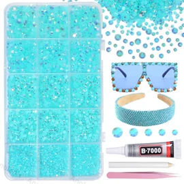 12000Pcs Lake Blue Rhinestones for Bedazzling Kit, 2/3/4/5/6mm Mix Sizes Jelly Bedazzling Resin Gems, Gems Bedazzling for Crafting, Flatback Rhinestones Craft DIY Face Makeup Crafts Tumblers