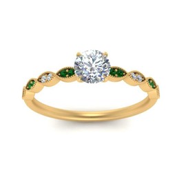 CaratYogi Antique Delicate Engagement Ring yellow gold plated Created Emerald Round shape Green color Vintage Engagement Rings pave Setting in Size 6 Party Wear Daily Wear Ornament