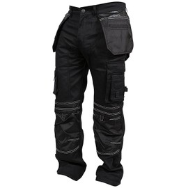 Newfacelook Mens Cargo Trousers Working Pants Cordura Knee Pockets, Black, 36W x 32L