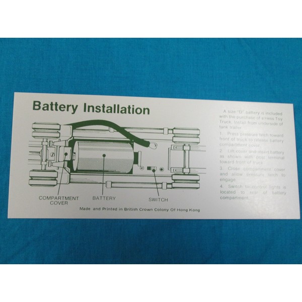 1977-78 Hess Truck Battery Instruction Card