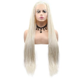African American Box Braided Ladies Wig White Blonde Synthetic Lace Front Wig Heat Safe Long Braids Drag Queen Holiday Party Pastel Blonde Hair 26”
