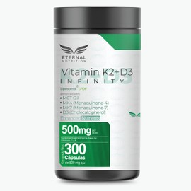 VITAMIN K2+D3 INFINTIY Liposomal 300 capsulas (500mg por porcion) Complejo de Vitaminas K2 (MK4 y MK7) + Vitamina D3 con MCT OIL y Folato, by Eternal Nutrition - Ingredientes Naturales Premium de USA