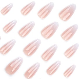 RikView Almond Press-on Nails - Medium French Tips, White Glossy Stick-on Nails, Full Coverage, 24 PCS