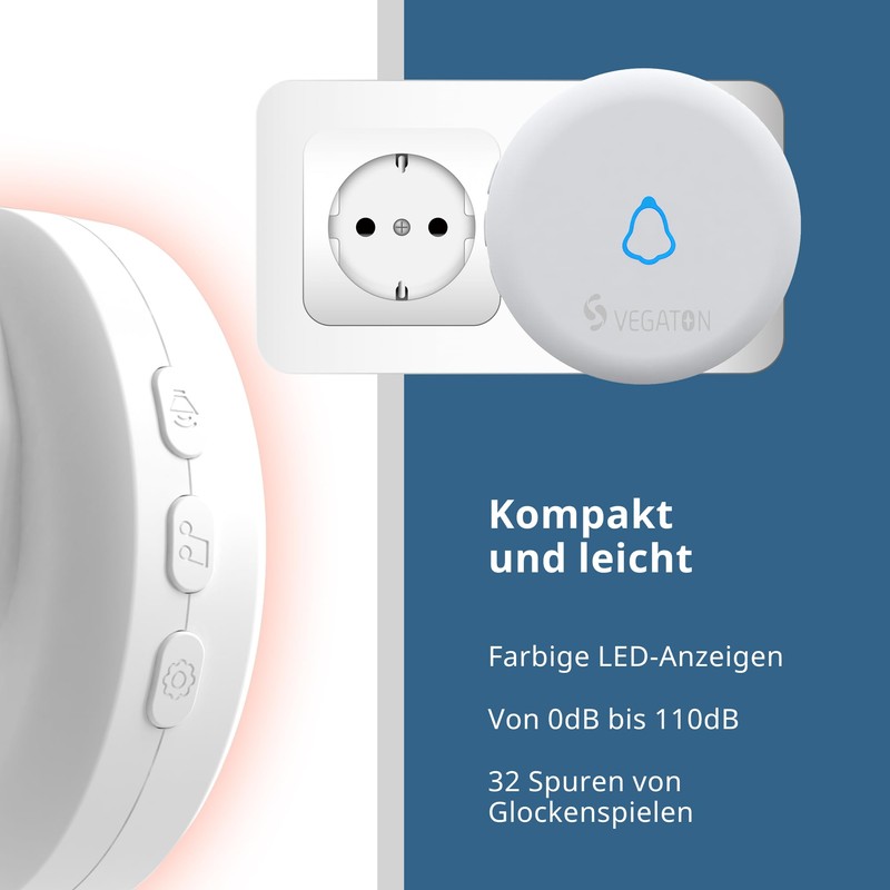 VEGATON Wireless bell, outdoor waterproof bell, waterproof with 1 plug-in