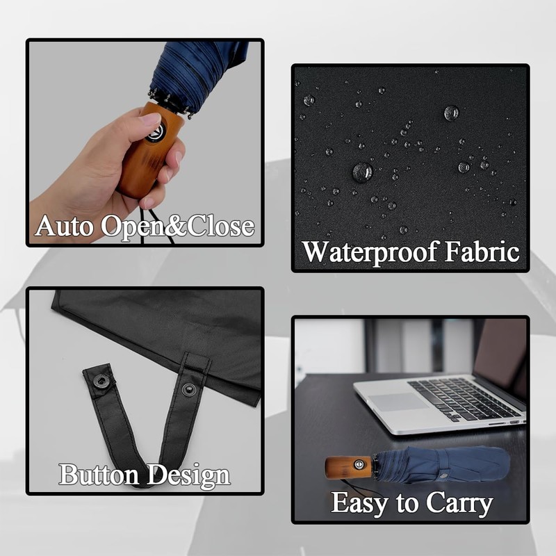 Pumi-geous Wooden Handle Umbrella Automatic Windproof Lightweight Collapsible Backpack Travel