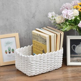 DODUOS 3Pcs Woven Storage Baskets, 3 Sizes Recycled Paper Rope Woven Organizer, White Paper Storage Basket Braided Multipurpose Organiser Box for Cupboard Drawer Closet Shelf Dresser