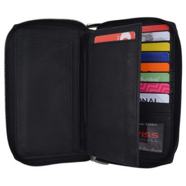 Swiss Marshall Womens Wallet Genuine Leather Double Zip Around Phone Clutch Large Travel Purse Ladies Wallet (Black)