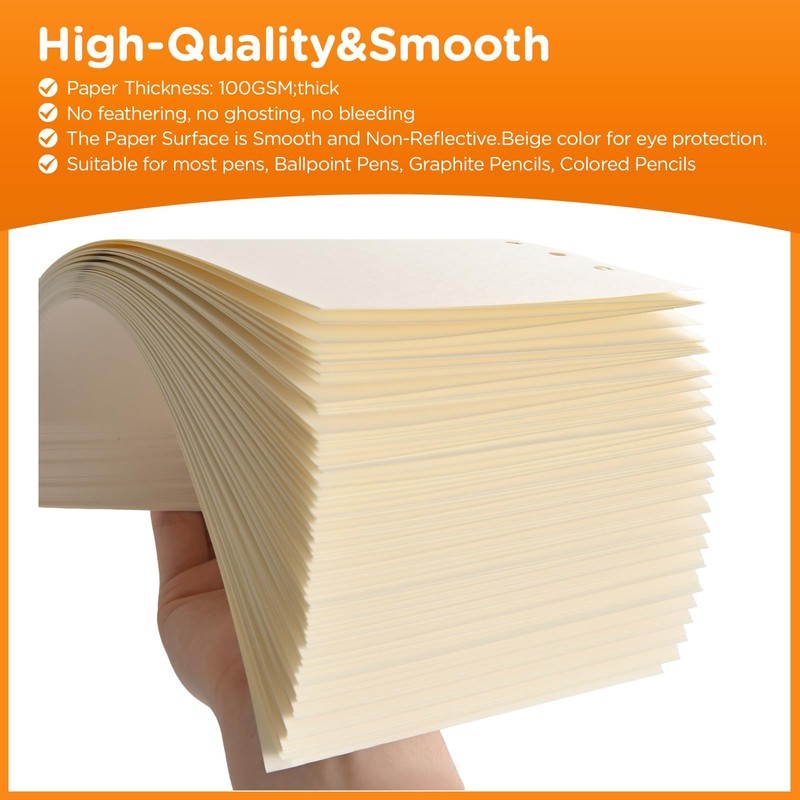 A6 6-Hole Blank Refill Paper(Pre-Punched)–100gsm Thick Beige Paper, Fountain Pen