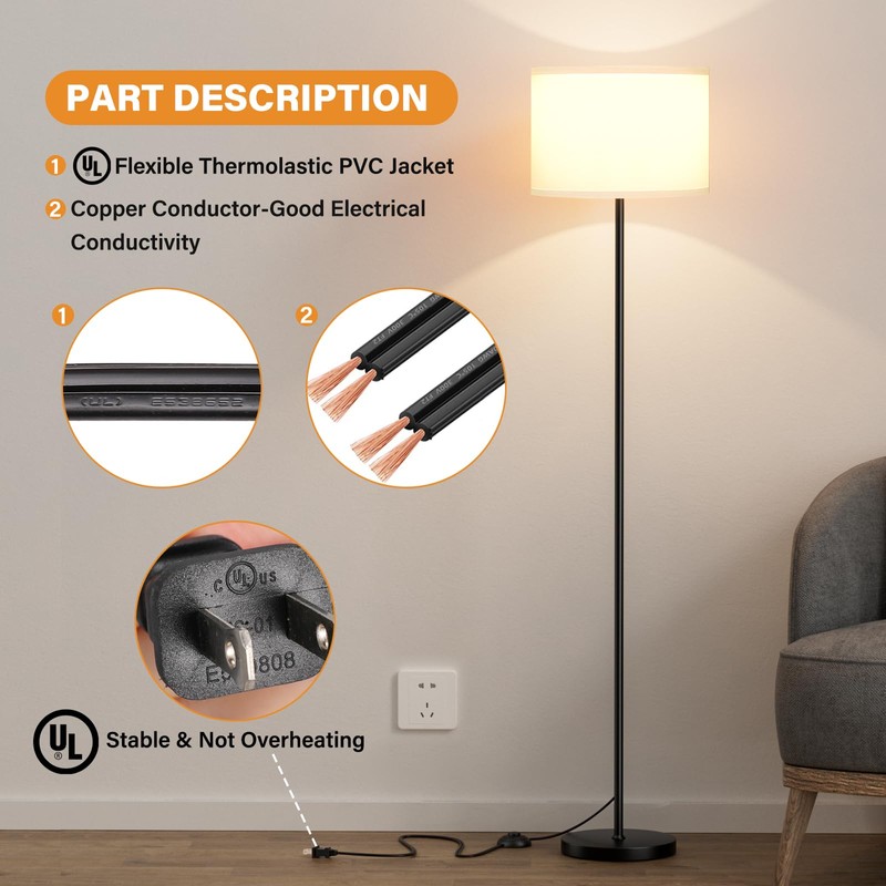 Modern Floor Lamp Simple Design with White Shade, Foot Pedal