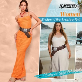 LEACOOLKEY Women Wide Concho Leather Belts Western Disc Waist Belts Ladies Western Belt Boho Disk Concho Belt for Dress