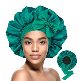 HiRui Silk Satin Bonnet for Sleeping Women, Double-Layer Sleep Cap Shower Cap with Adjustable Tie, Moisture Retaining Satin Lined Hair Bonnet for Curly and Natural Hair (Cyan/Black, Medium)