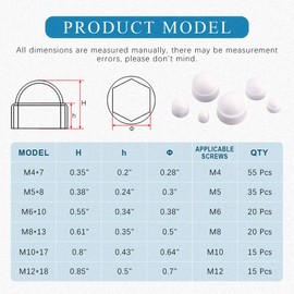 Glarks 160Pcs White Bolt Covers Screw Caps Assortment Kit, M4 M5 M6 M8 M10 M12 Nylon Acorn Dome Protection Caps for Protecting Hexagon Shaped Screws Bolts（White）