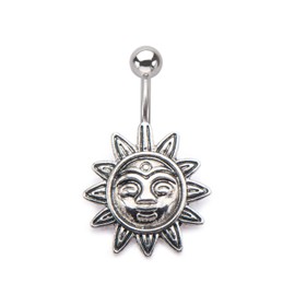 Pierced Owl 14GA 316L Stainless Steel Smiling Tribal Sun Charm Belly Button Ring, Stainless Steel,Steel