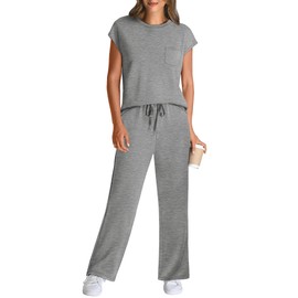WIHOLL Business Casual Outfits for Women 2 Piece Sets Crew Neck Tracksuit Summer Loungewear Womens Lounge Set Vacation Outfits High Waist Wide Leg Pants Comfy Workout Sets for Women Clothing Grey 2XL