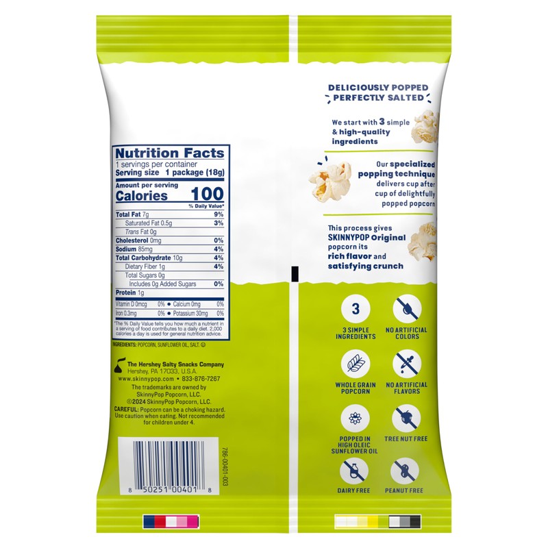 SkinnyPop Popcorn, Original, Whole Grain, Dairy-Free Snack, 0.65oz Bags (6ct)