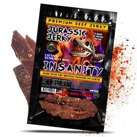 Jurassic Jerky Insanity Beef Jerky - made with the Ghost, Habanero & Carolina Reaper the Hottest Pepper on Earth! Can you handle the Heat? - (1) 1 oz bag