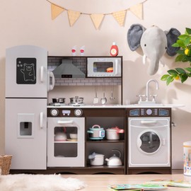 Costzon Kids Kitchen Playset,2-Piece Wooden Modular Pretend Toy Playset w/Sounds & Lights, Washing Machine, Range Hood, Ice Maker, Blackboard, Play Telephone, Play Kitchen for Kids Ages 3+ (Brown)