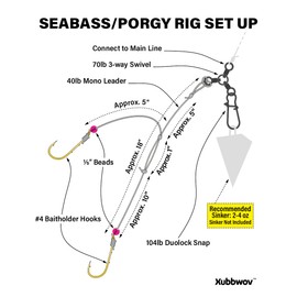 Xubbwov Seabass/Porgy Fishing Rig, 6-Pack Hand-Tied Double Drop Saltwater Bottom Fishing Rigs, 40lb Mono line, Gold Baitholder Hooks with 3-Way Swivel for Scup Sea Bass (#4 Baitholder Hooks)