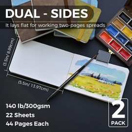 Funto Watercolor Journal Pack of 2, 3.5 x 5.5 Inches, 44 Pages each, 100% Cotton Cold Press, PU Leather Blue Hard Cover, Art Supplies for Mixed Media