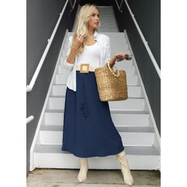 Zeagoo Maxi Skirts for Women UK High Waist A-Line Long Flowy Skirt with Drawsting for Summer Navy Blue 10