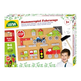 LENA 65826 Children's Hammer & Nail Vehicles Play Set, Construction Game with 64 Coloured Parts in Different Shapes for Assembly on a Cork Board (Approx. 28 x 19.5 x 1.4 cm), Hammering Game for Children from 3 Years