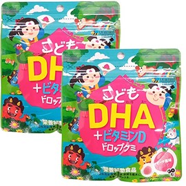 Childrens DHA + Vitamin D Drop Gummies, 60 Tablets, Set of 2 Bags, Peach Flavor, Made in Japan, Unimat Riken, IQ Supplement, DHA EPA Peach
