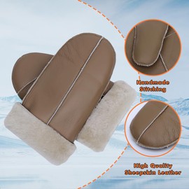 Men Winter Mittens Shearling Sheepskin Fur Lined Leather Mittens,Camel,S