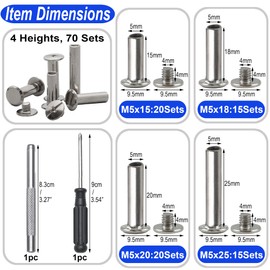 YORANYO 70Sets Chicago Screws Leather Rivets Assorted Screw Rivets Chicago Binding Screws for Decorate and Repair Leather Craft Belt Bag Shoes Purse Bookbinding (Silver, M5*15,18,20,25)