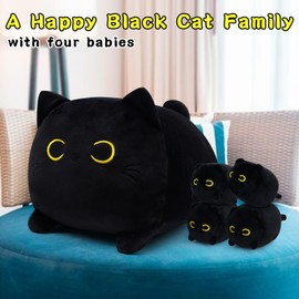 KOPHINYE 5PCS Black Cat Plush Toy Set, 12inch Cat Plush Pillow and 4 Mini Black Cat Stuffed Animal, Cute Cat Plush Toys for Kids Boys and Girls, Christmas Birthday Valentines
