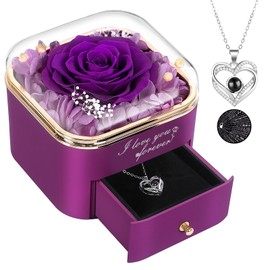 Preserved Purple Real Rose with I Love You Necklace in 100 Languages,Eternal Flowers Gifts for Her Women Mum Wife Girlfriend on Christmas Valentines Day Mothers Day, Anniversary Birthday Gifts for Her